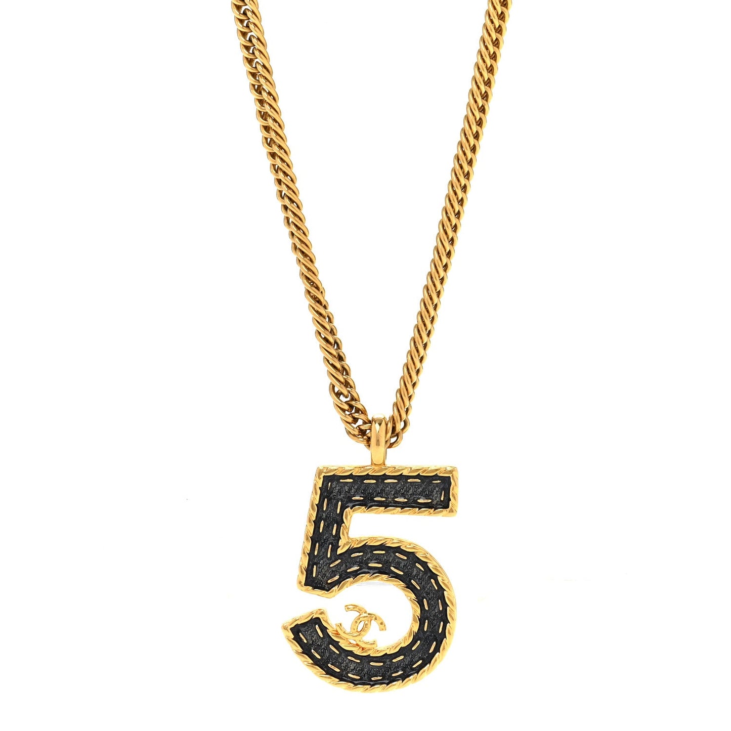Metal Enamel Denim CC No 5 Necklace Gold Blue
