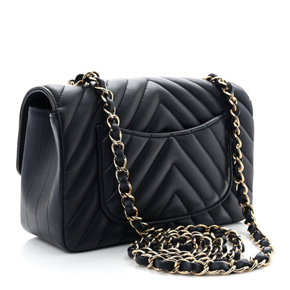 Lambskin Chevron Quilted Mini Rectangular Flap Navy