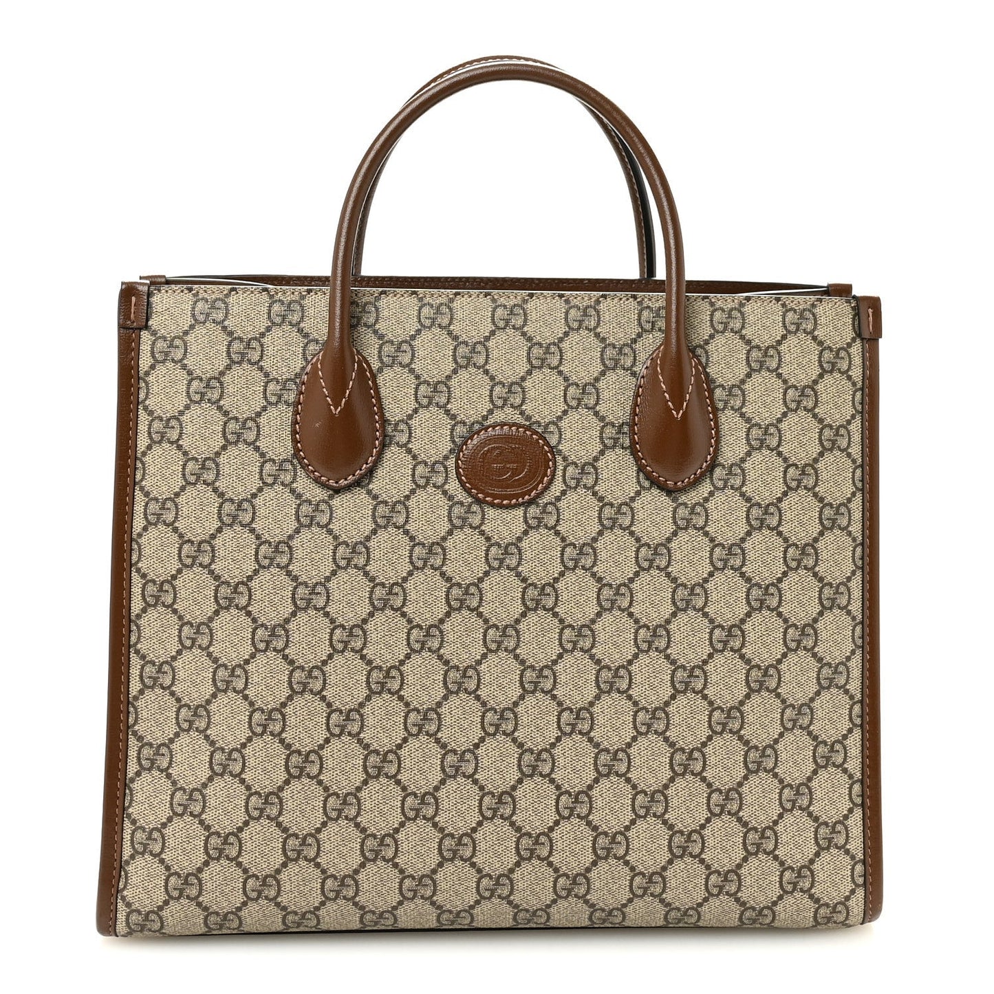 GG Supreme Monogram Azalea Calfskin Small Retro Interlocking G Tote Bag Beige Ebony Brown Sugar