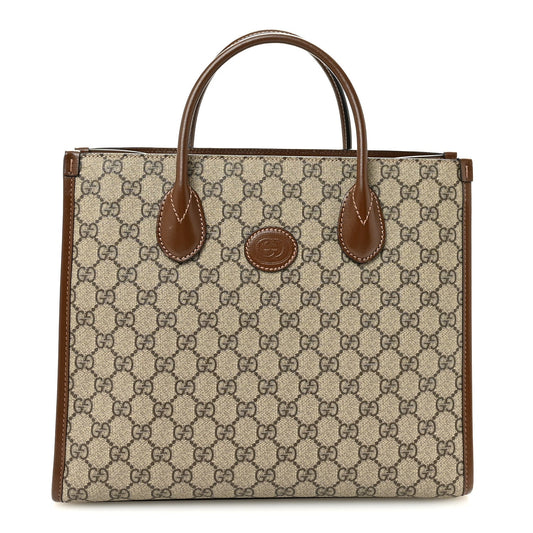 GG Supreme Monogram Azalea Calfskin Small Retro Interlocking G Tote Bag Beige Ebony Brown Sugar