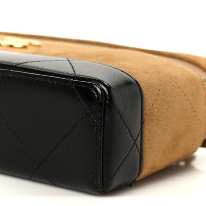 Suede Calfskin Shiny Lambskin Stitched Top Handle Slim Vanity Case With Chain Beige Black