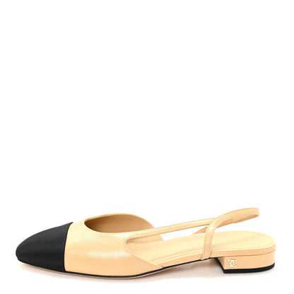 Lambskin Grosgrain Cap Toe CC Slingback Sandals 40 Beige Black