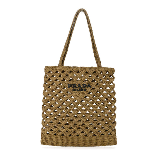 Yarn Raffia Effect Crochet Logo Embroidered Tote Bag Oliva