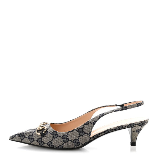 Gucci Monogram Horsebit 35mm Slingback Pumps 39.5 Beige Blue