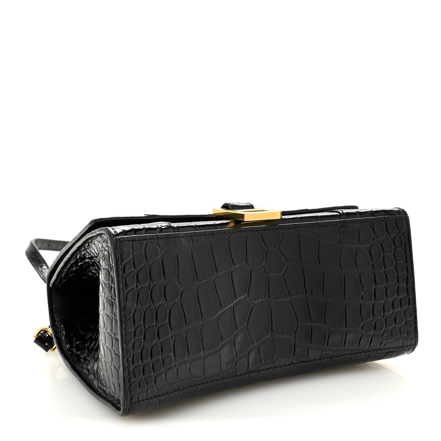 Shiny Calfskin Crocodile Embossed Small Hourglass Top Handle Bag Black