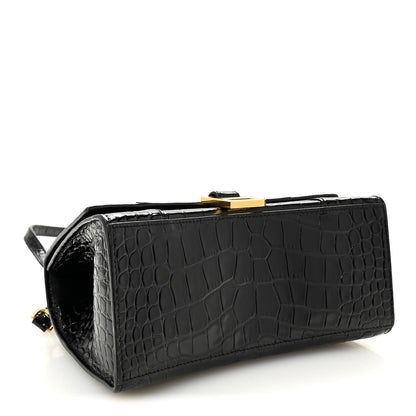 Shiny Calfskin Crocodile Embossed Small Hourglass Top Handle Bag Black