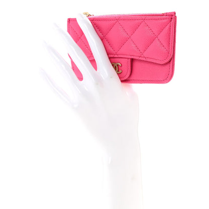 Caviar Quilted Flap Zip Card Holder Dark Pink