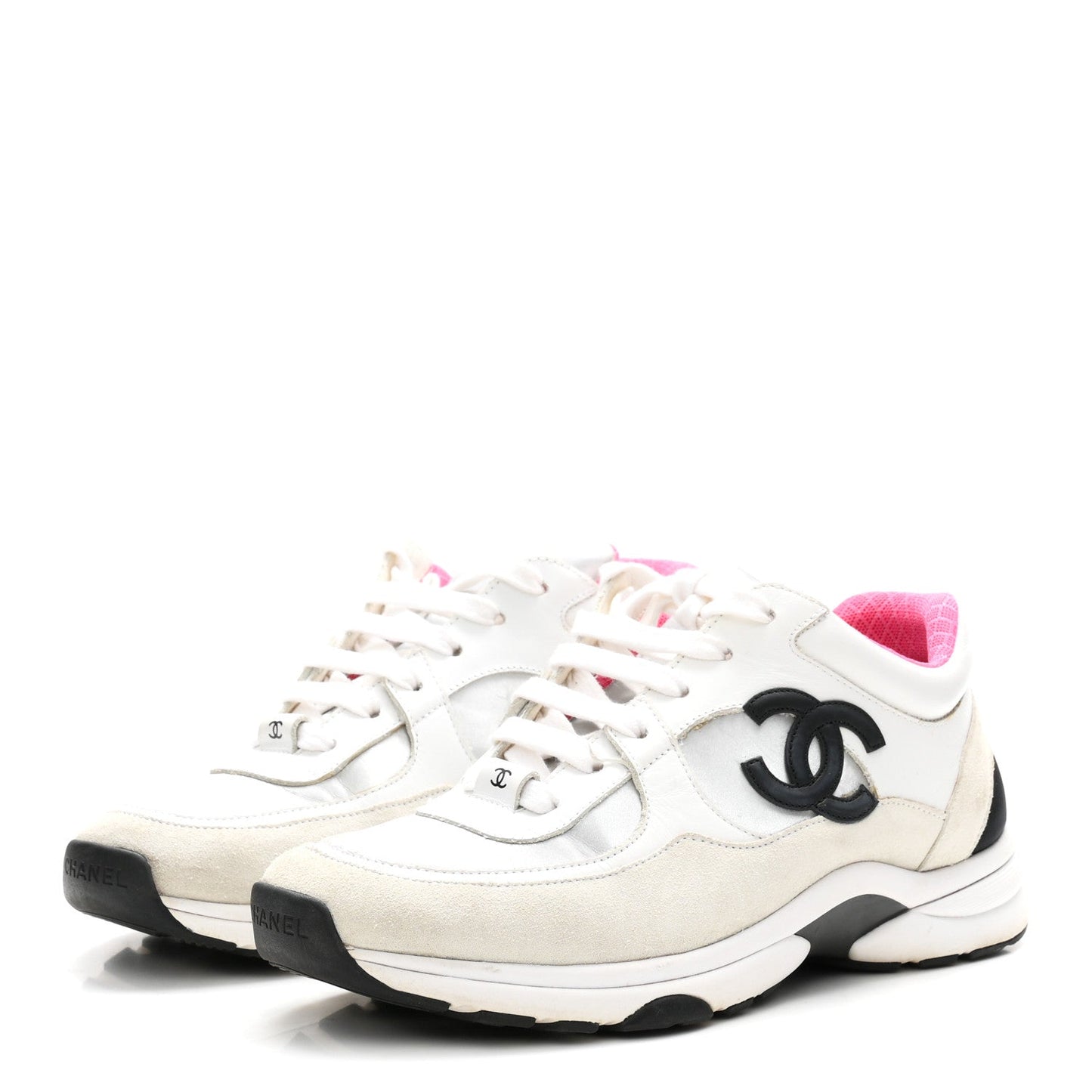 Calfskin Fabric Sneakers 39 White Silver Fluo Pink