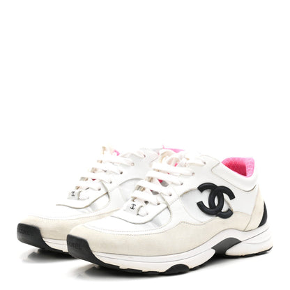 Calfskin Fabric Sneakers 39 White Silver Fluo Pink