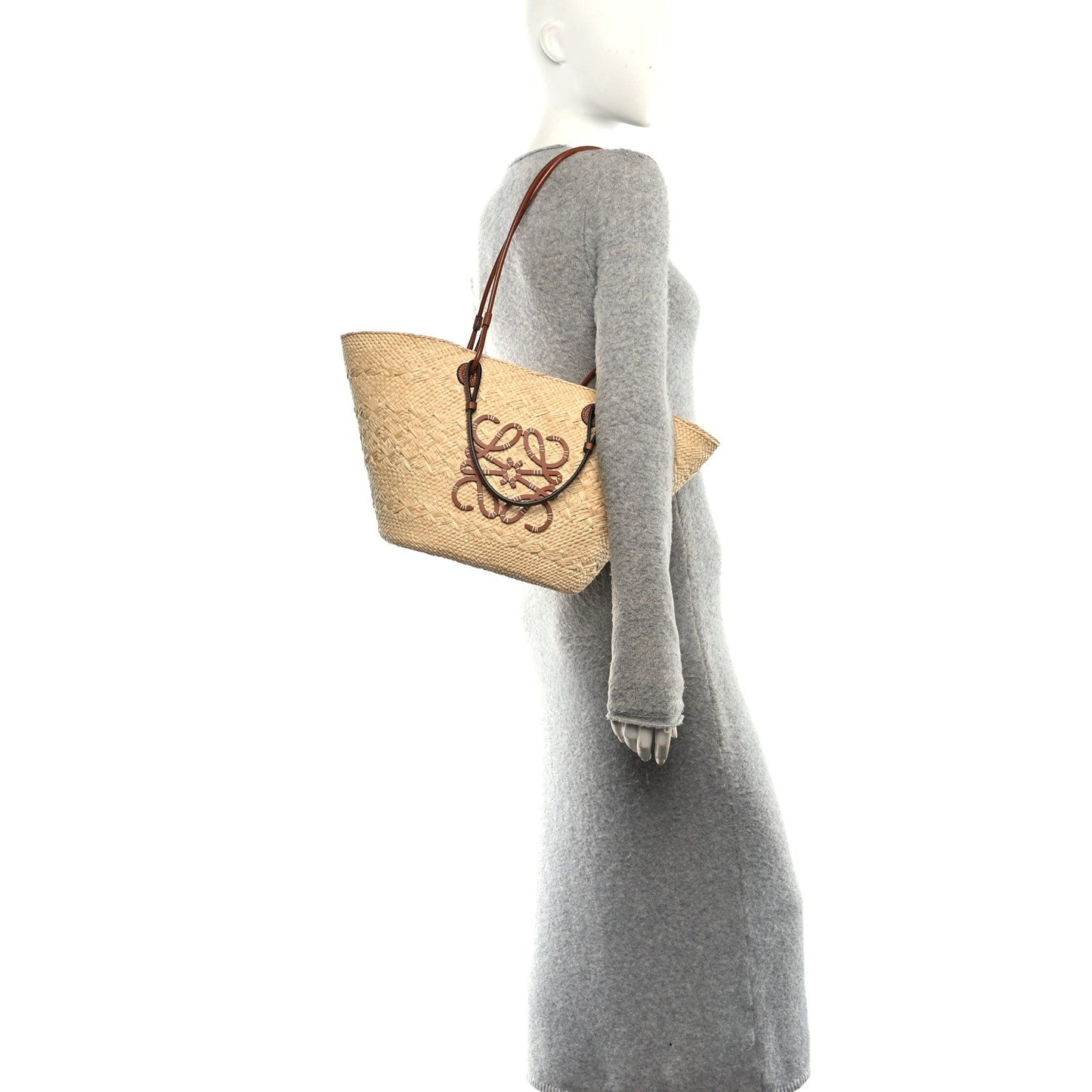 Calfskin Raffia Medium Anagram Basket Tote Bag Natural Tan