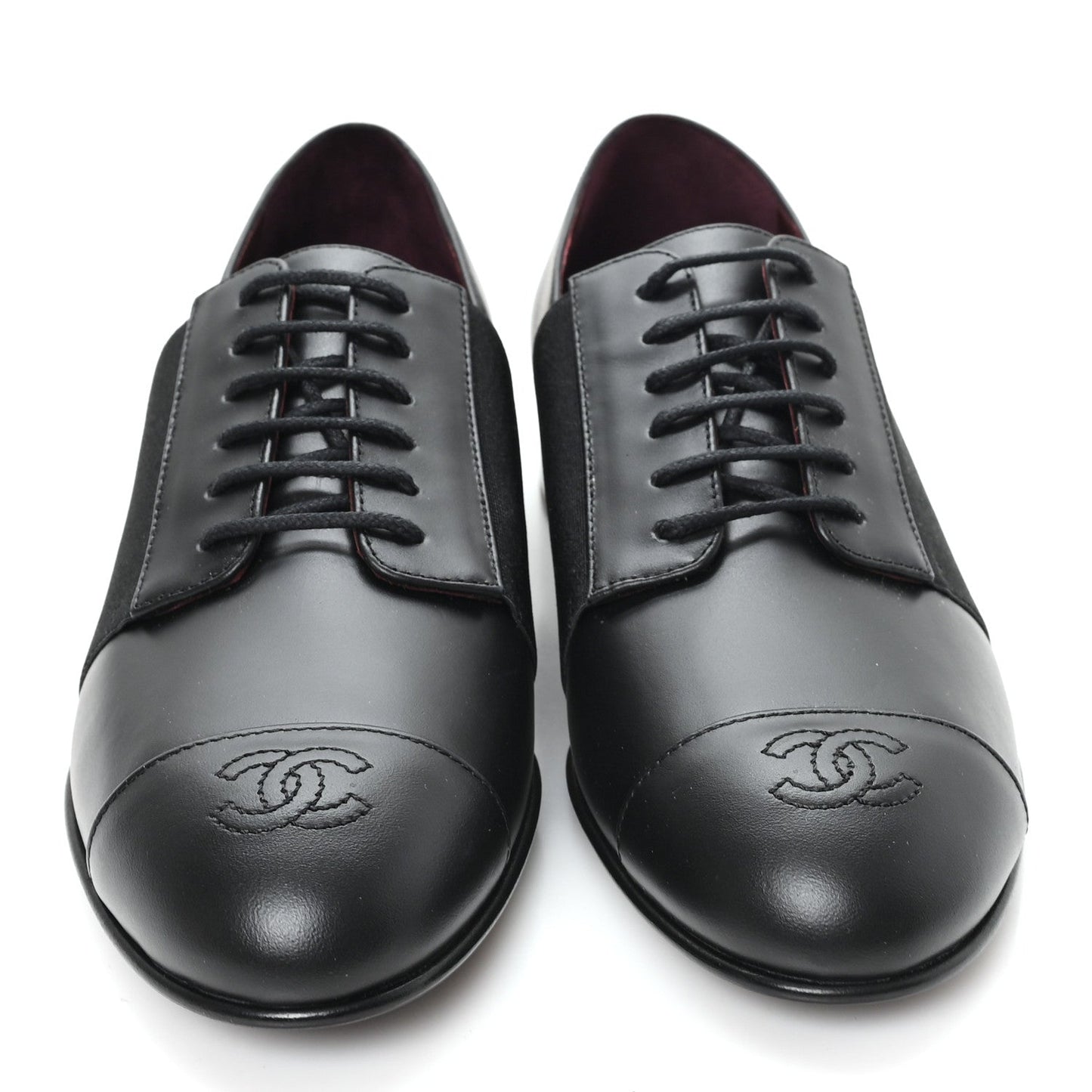 Calfskin Elastic Lace Up Cap Toe CC Loafers 37.5 Black