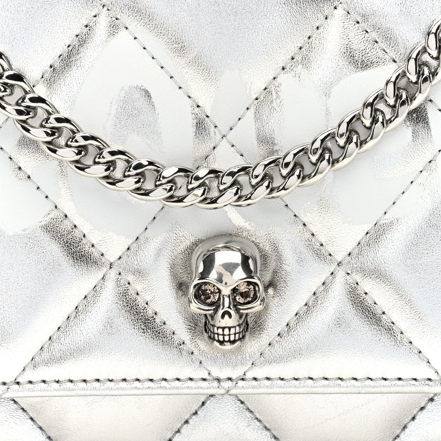 Alexander McQueen Metallic Calfskin Quilted Graffiti Skull Small Chain Crossbody Bag Silver