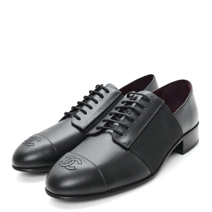 Calfskin Elastic Lace Up Cap Toe CC Loafers 37.5 Black