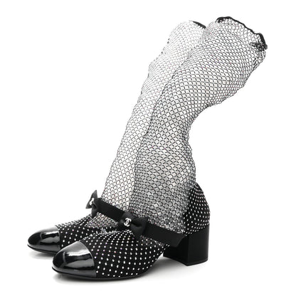 Mesh Crystal Patent CC Bow High Boots 40 Black