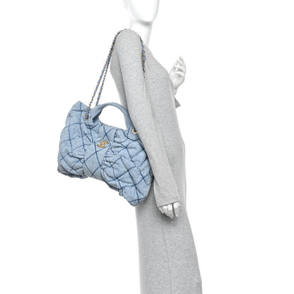 Washed Denim Quilted Maxi Bow Bag Blue