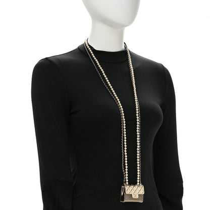 Metal Lambskin Pearl Chain Flap Bag Long Necklace Gold Black Pearly White
