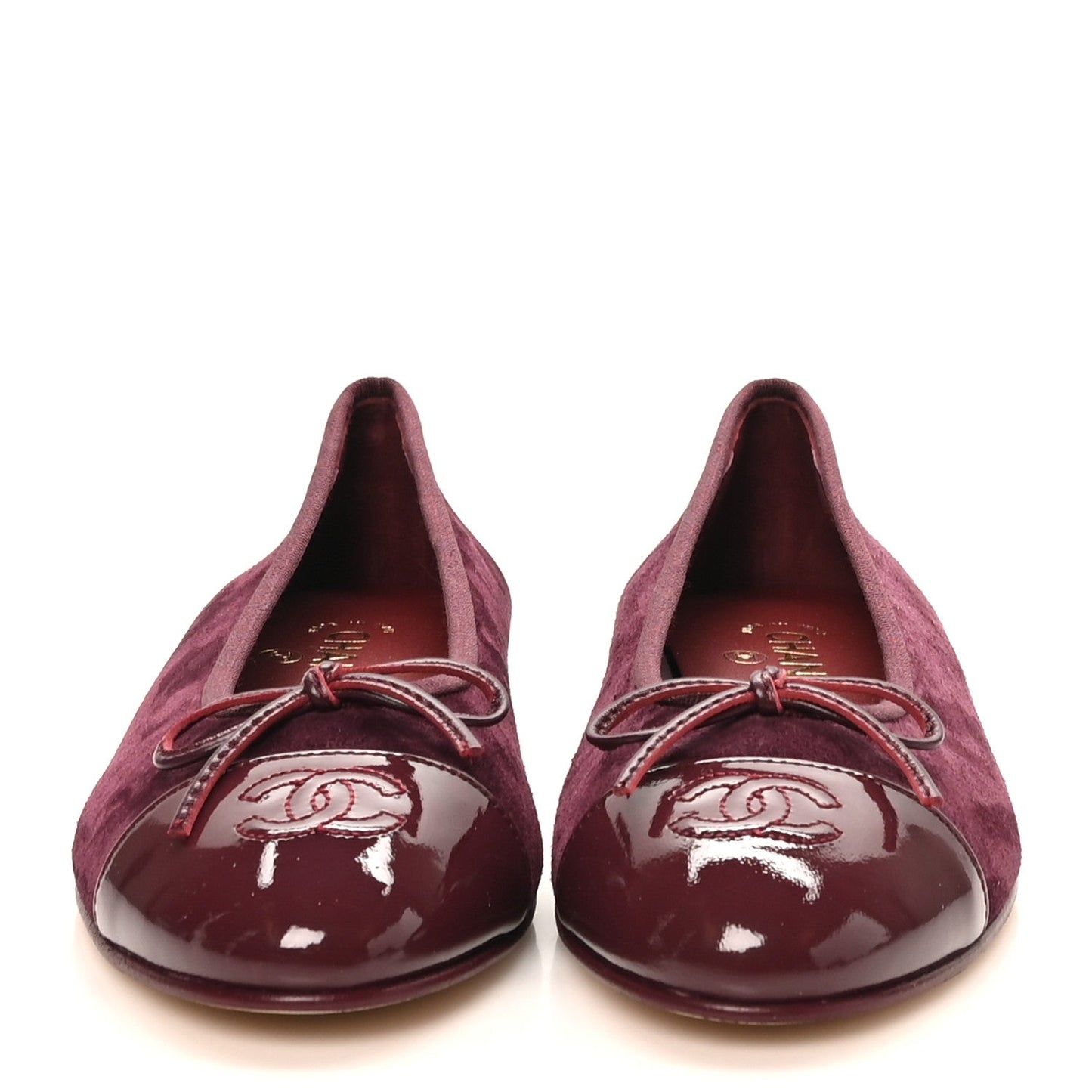 Suede Patent Calfskin Cap Toe CC Ballerina Flats 39 Burgundy