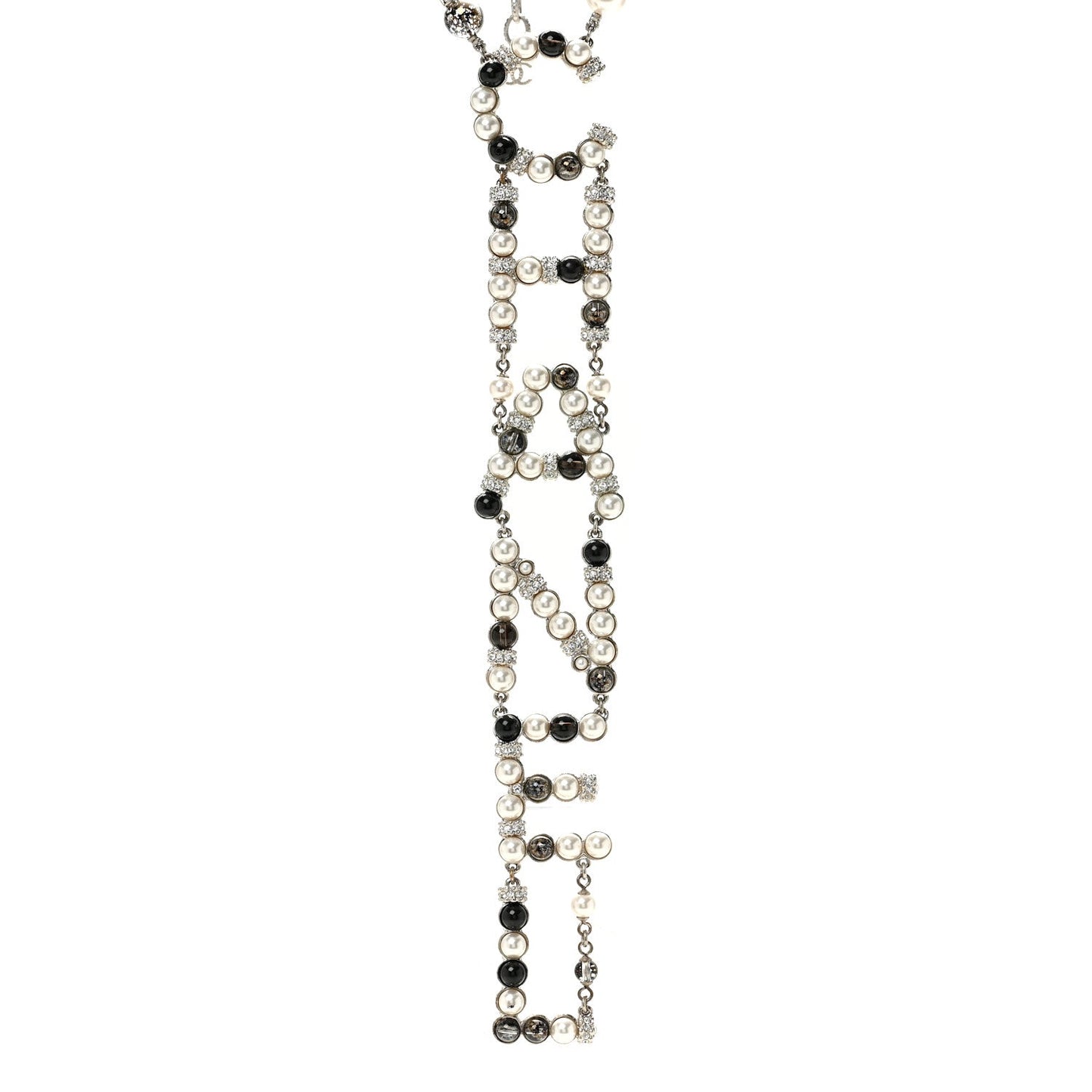 Pearl Crystal Bead Chanel Logo Necklace Silver