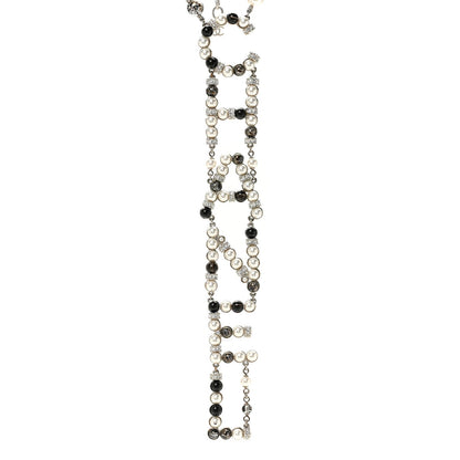Pearl Crystal Bead Chanel Logo Necklace Silver
