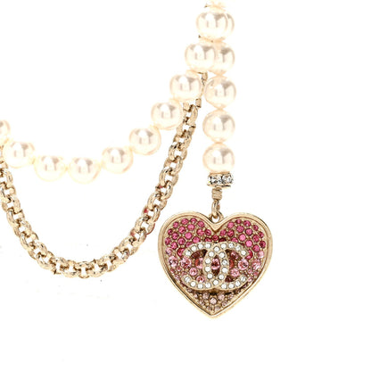 Pearl Crystal CC Heart Multi Strand Necklace Gold White Pink