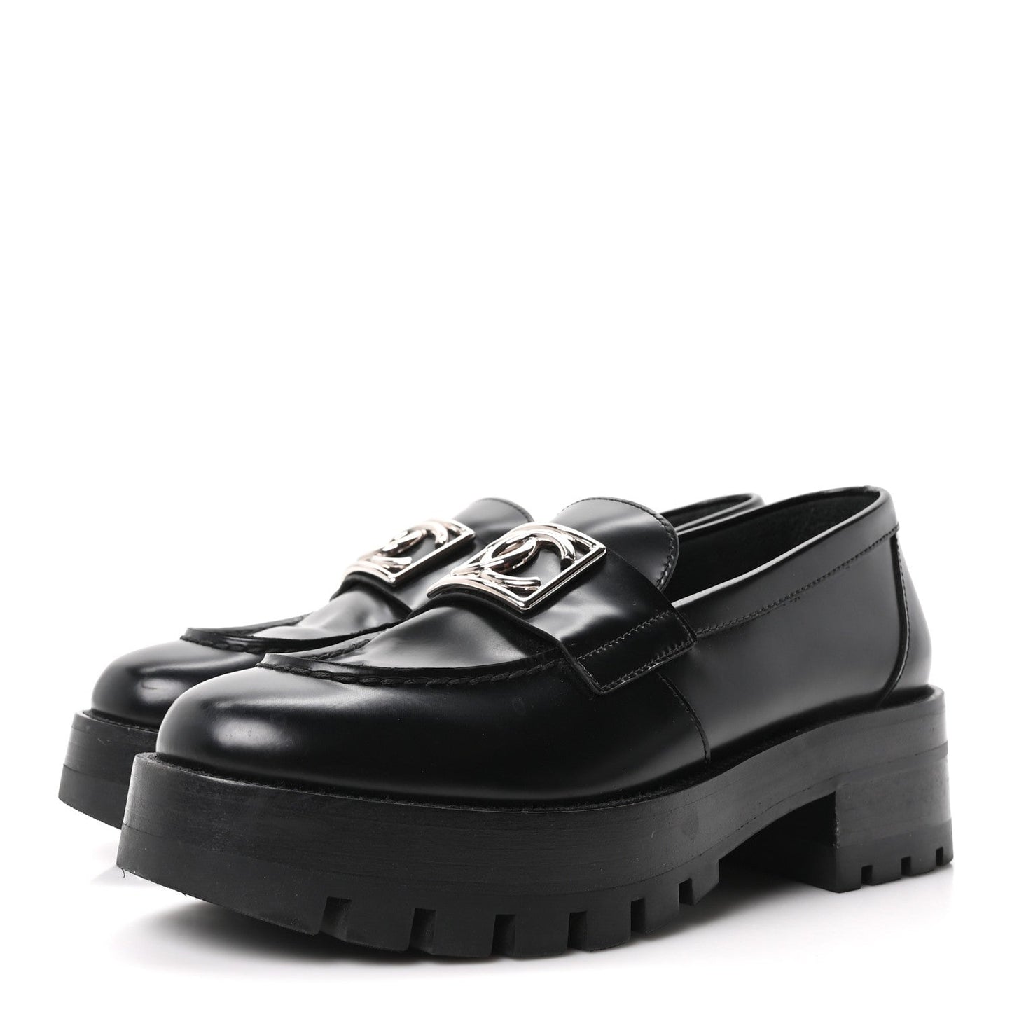 Calfskin Metal CC Loafers 36.5 Black
