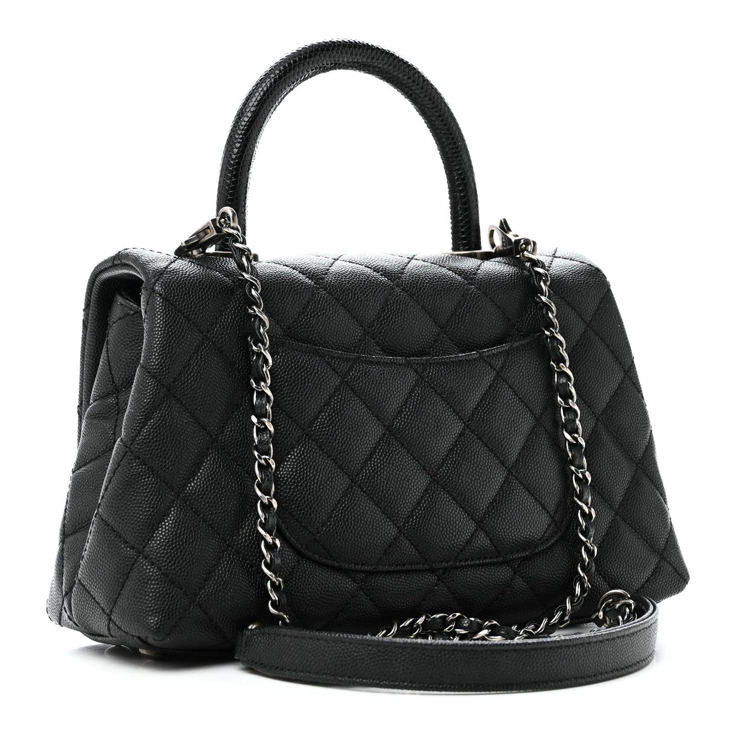 Caviar Lizard Embossed Quilted Mini Coco Handle Flap Black