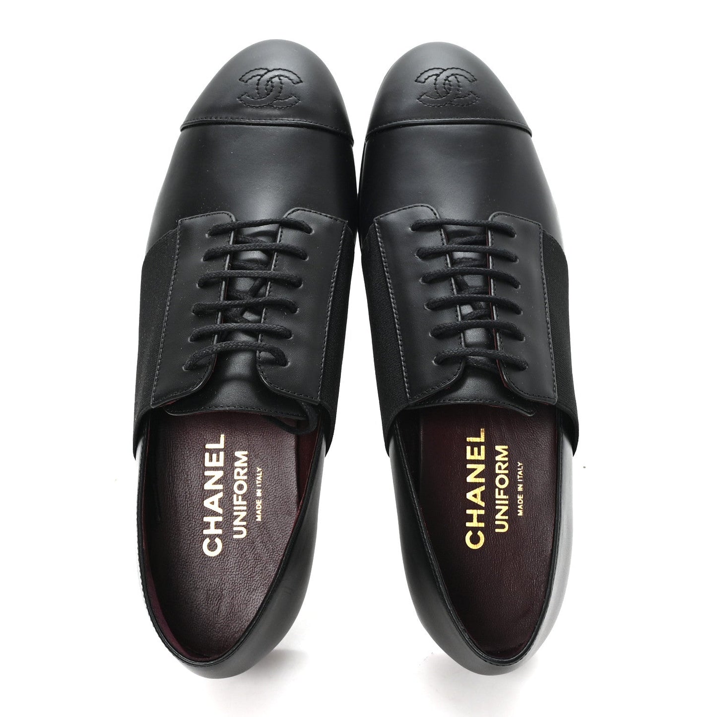 Calfskin Elastic Lace Up Cap Toe CC Loafers 37.5 Black