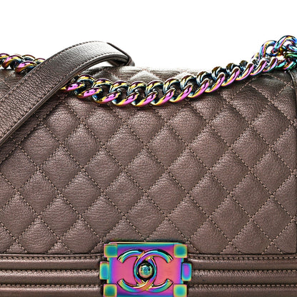 Iridescent Goatskin Quilted Medium Boy Flap Dark Gold