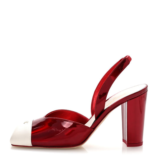 Lambskin Laminated Calfskin Cap Toe CC Slingback Pumps 37.5 Red Ivory
