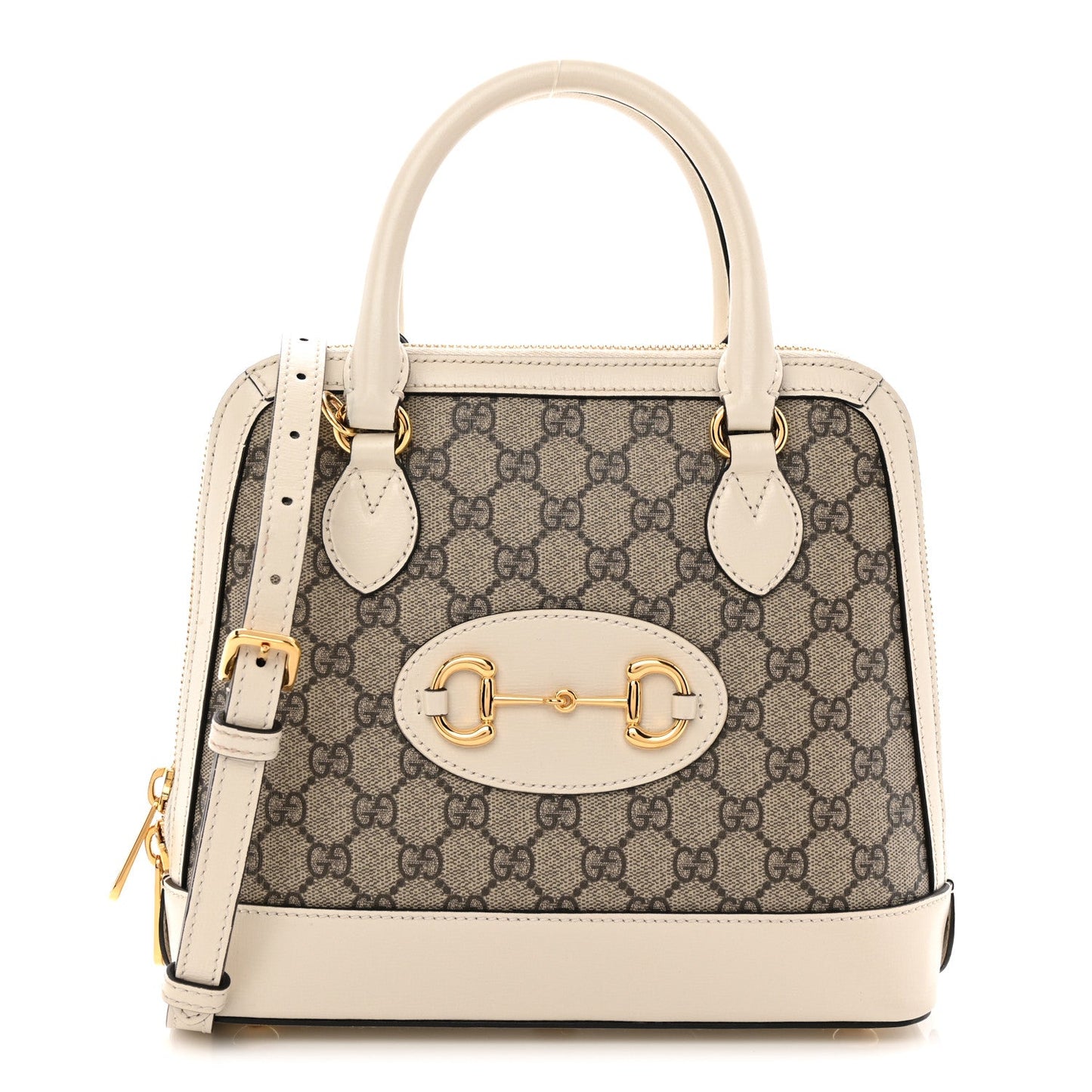 GG Supreme Monogram Azalea Calfskin Small Horsebit 1955 Top Handle Bag Beige Ebony Mystic White