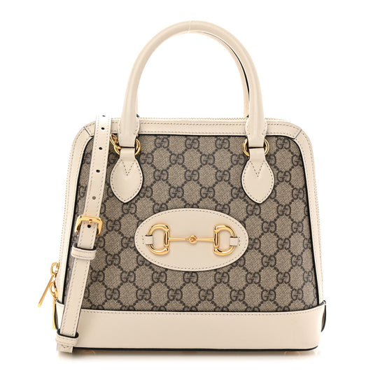 GG Supreme Monogram Azalea Calfskin Small Horsebit 1955 Top Handle Bag Beige Ebony Mystic White