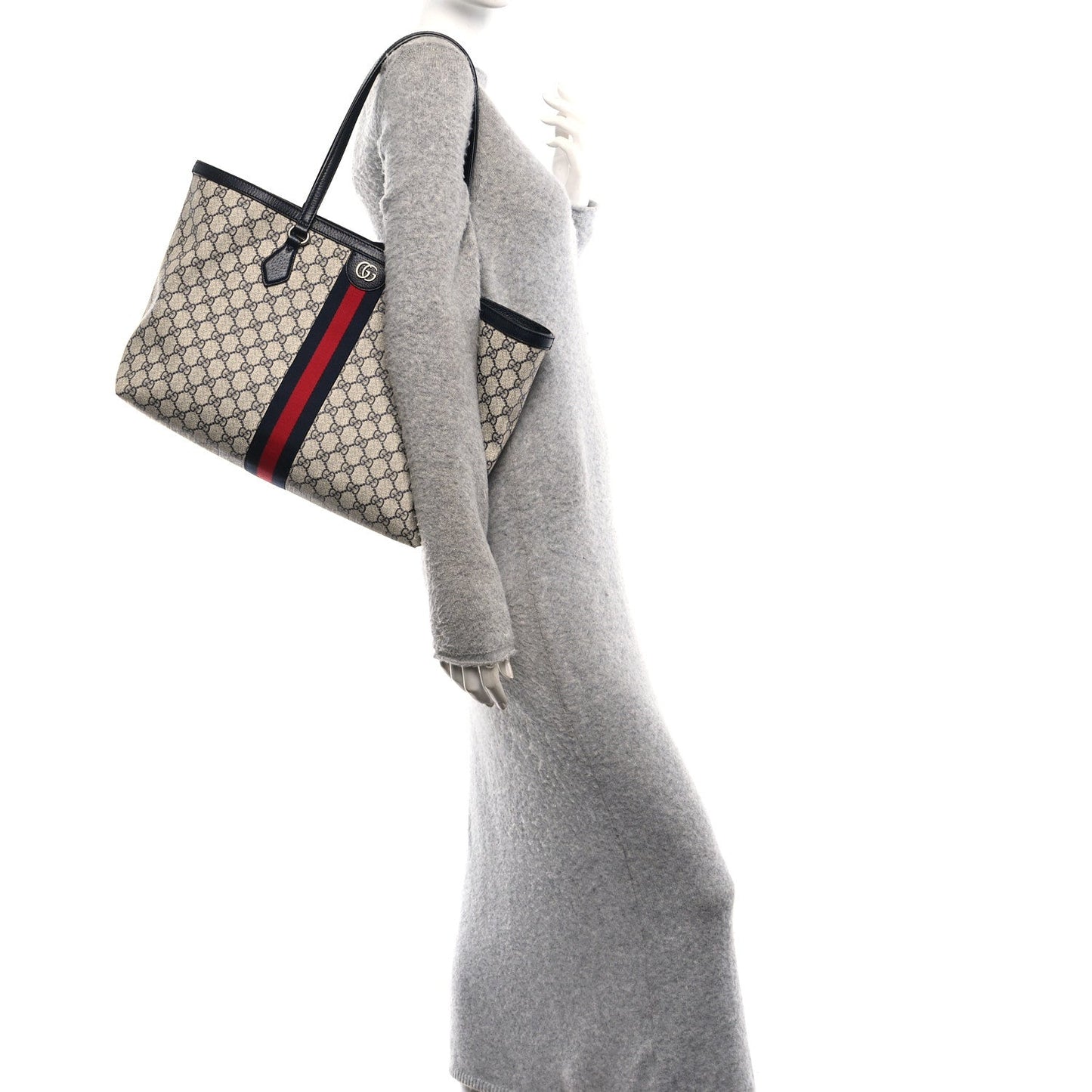 GG Supreme Monogram Textured Calfskin Web Medium Ophidia Shopping Tote Beige Blue