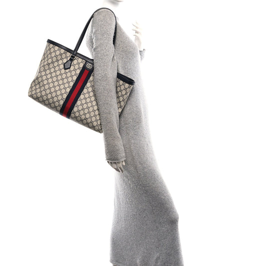 GG Supreme Monogram Textured Calfskin Web Medium Ophidia Shopping Tote Beige Blue