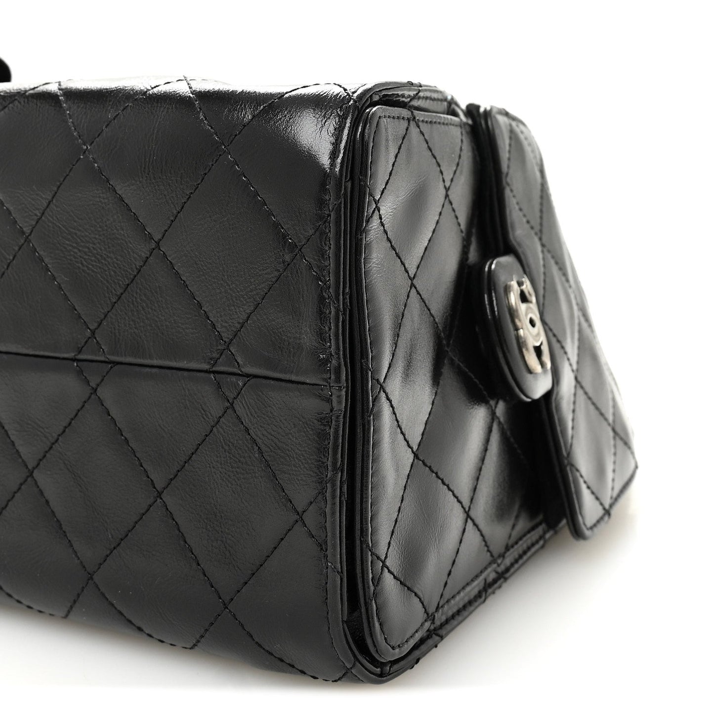 Shiny Crumpled Calfskin Quilted Small Chanel 25 Handbag Black