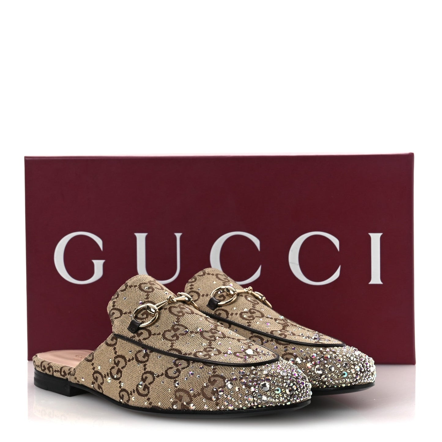 Crystal Canvas GG Monogram Nappa Womens Princetown Slippers 37.5 Beige Ebony New Acero