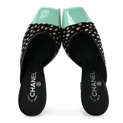 Pony Hair Lambskin Patent Calfskin Cap Toe Mules 39 Black White Green