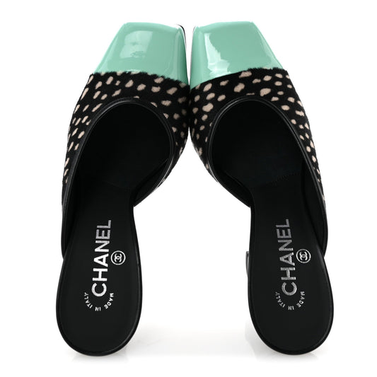 Pony Hair Lambskin Patent Calfskin Cap Toe Mules 39 Black White Green