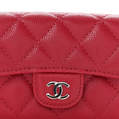 Caviar Quilted Flap Card Holder Wallet Dark Pink