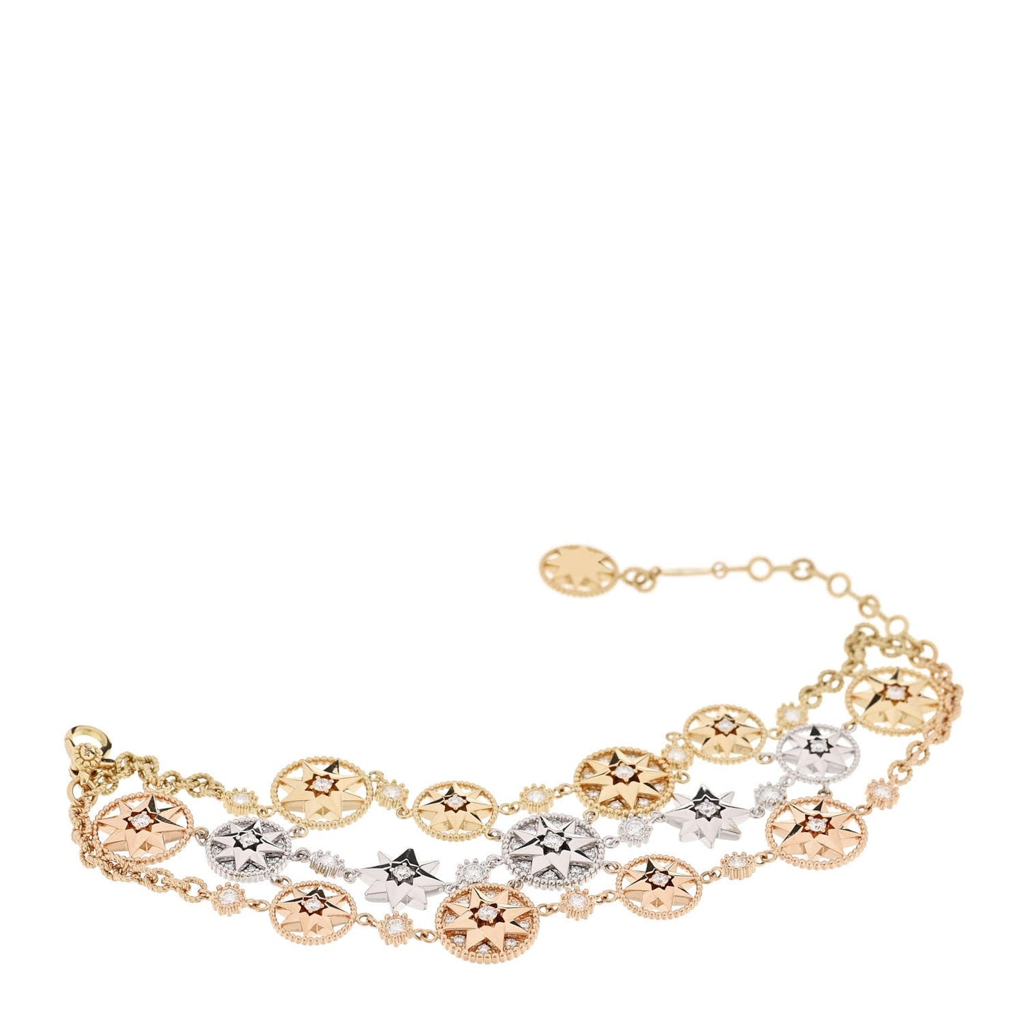 18K Yellow White Rose Gold Diamond Rose et Etoile Des Vents Triple Chain Bracelet