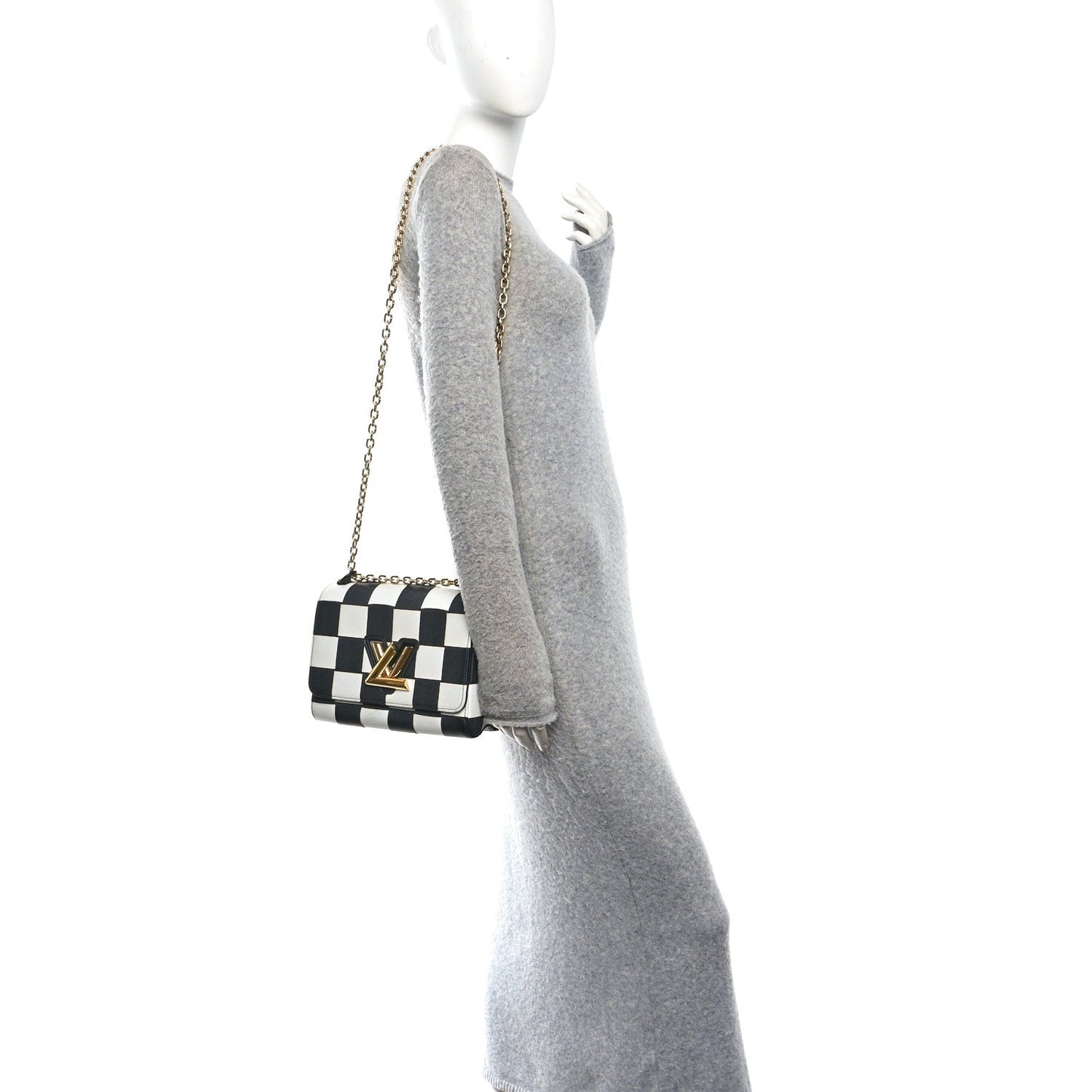 Calfskin Damier Tressage Twist Shoulder Bag MM Black White
