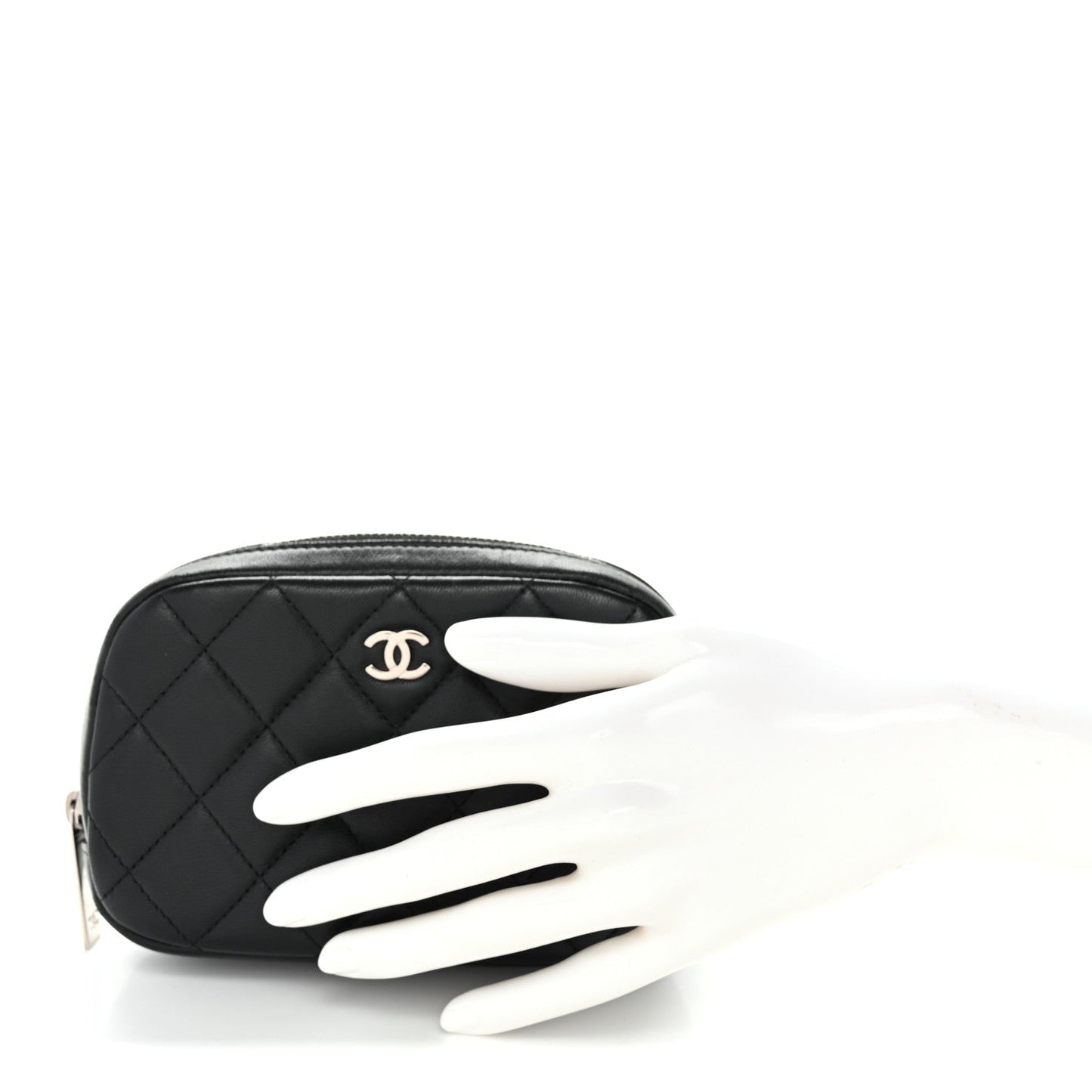 Lambskin Quilted Small Curvy Pouch Cosmetic Case Black