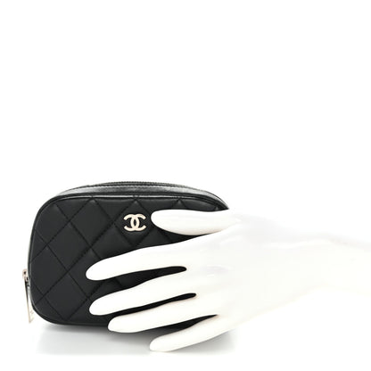 Lambskin Quilted Small Curvy Pouch Cosmetic Case Black