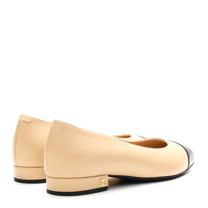 Lambskin Cap Toe CC Uniform Ballerina Flats 38 Beige Black