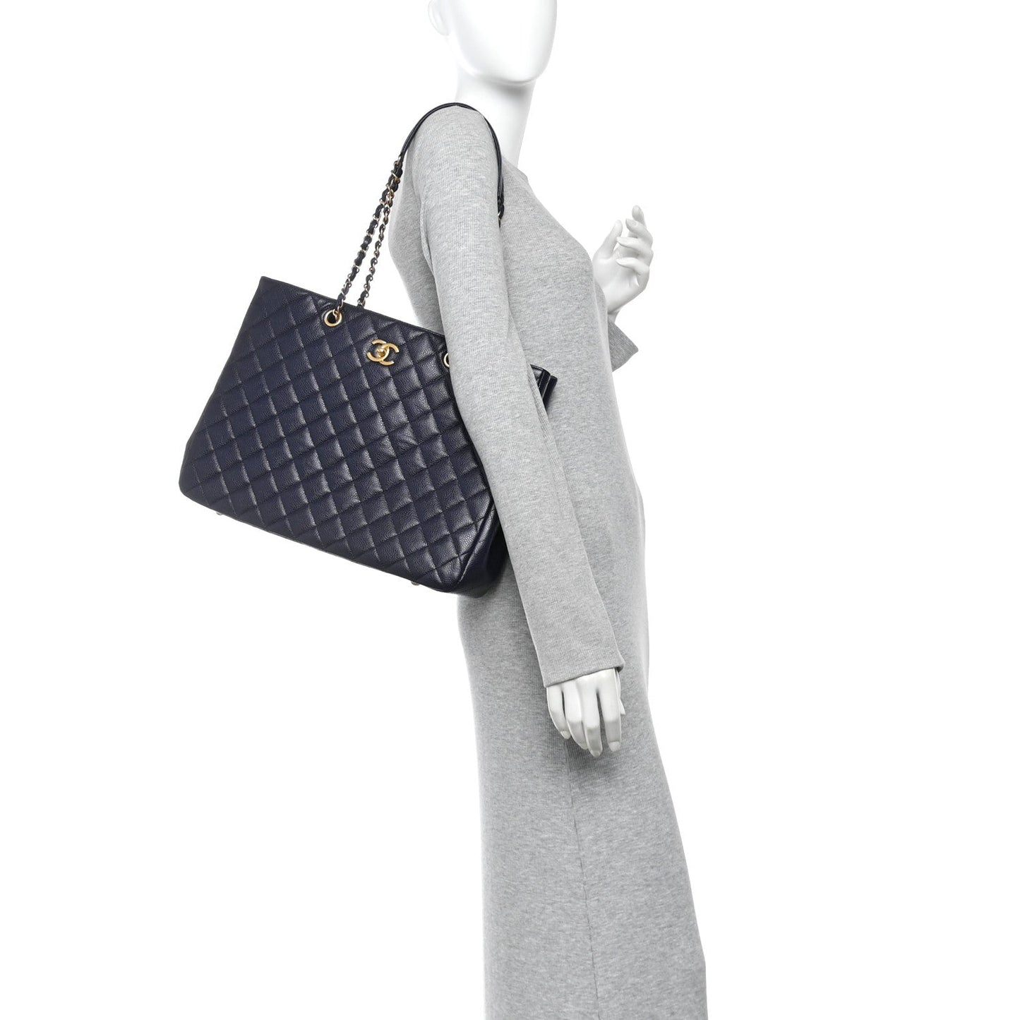 Caviar Quilted Large CC Shopping Tote Navy