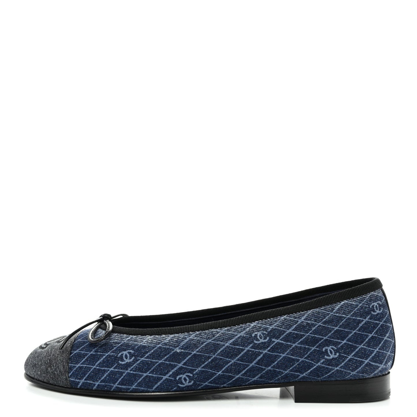 Denim Printed Quilt CC Cap Toe Ballerina Flats 35.5 Navy Blue Dark Grey