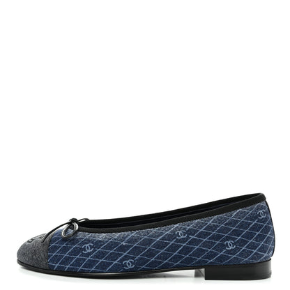Denim Printed Quilt CC Cap Toe Ballerina Flats 35.5 Navy Blue Dark Grey