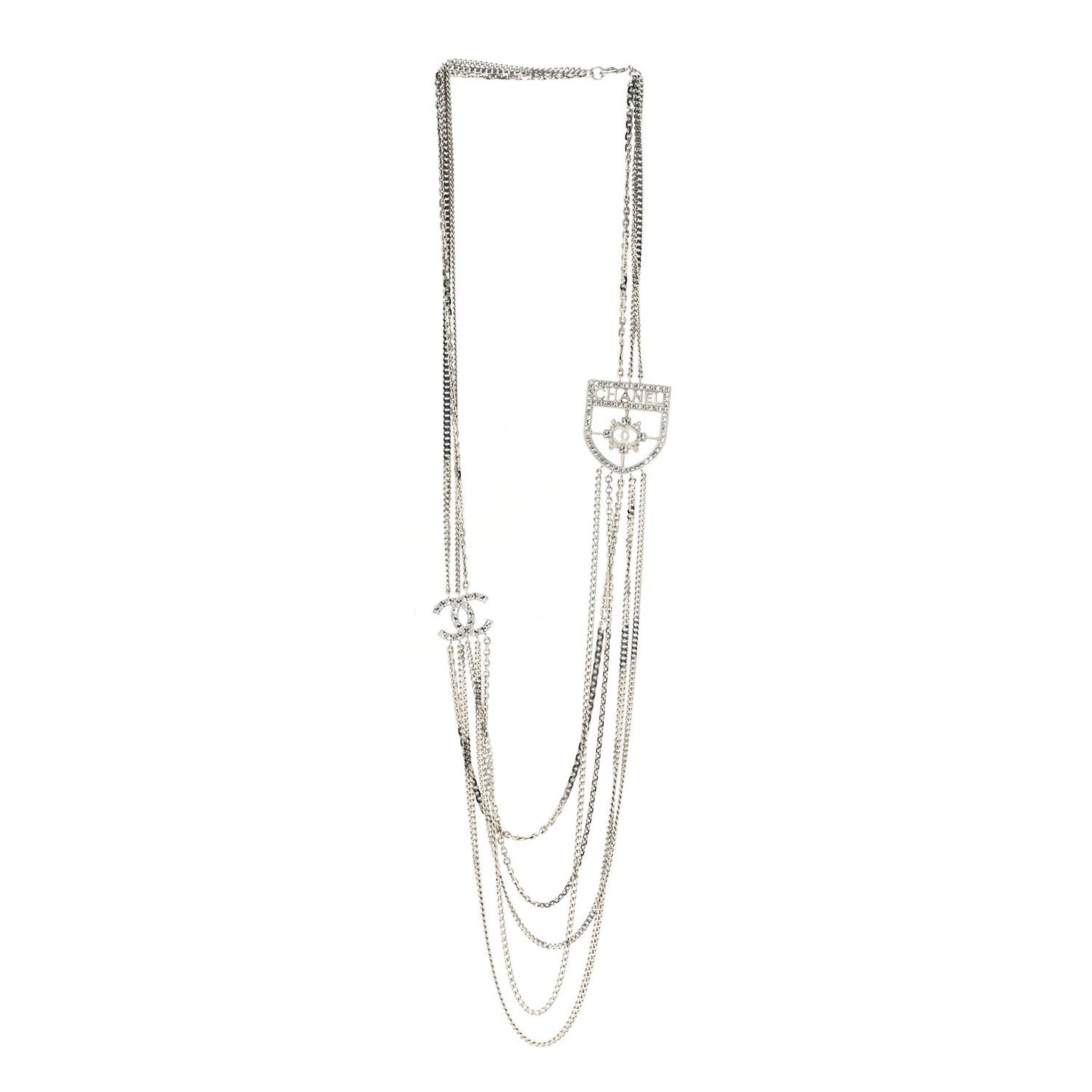 Baguette Crystal CC Shield Multi Strand Long Chain Necklace Silver