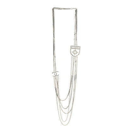 Baguette Crystal CC Shield Multi Strand Long Chain Necklace Silver