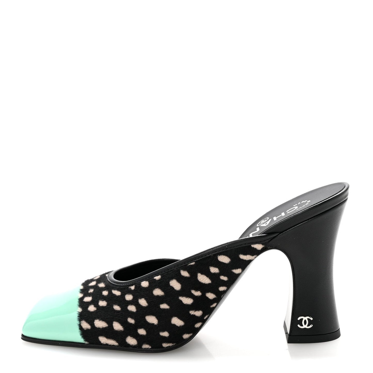 Pony Hair Lambskin Patent Calfskin Cap Toe Mules 39 Black White Green