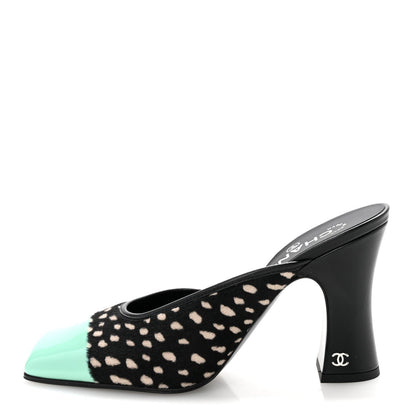 Pony Hair Lambskin Patent Calfskin Cap Toe Mules 39 Black White Green